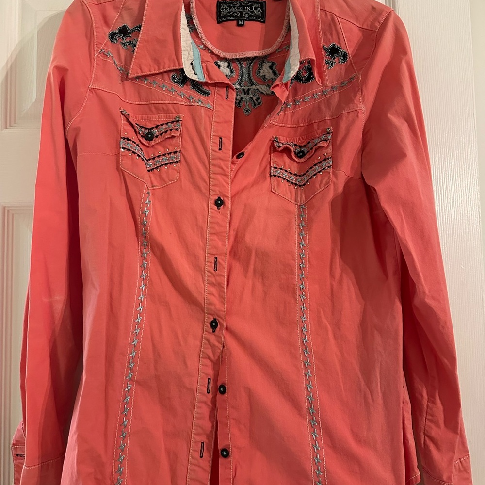 Grace in LA Coral Button Down Shirt with Embroidery
